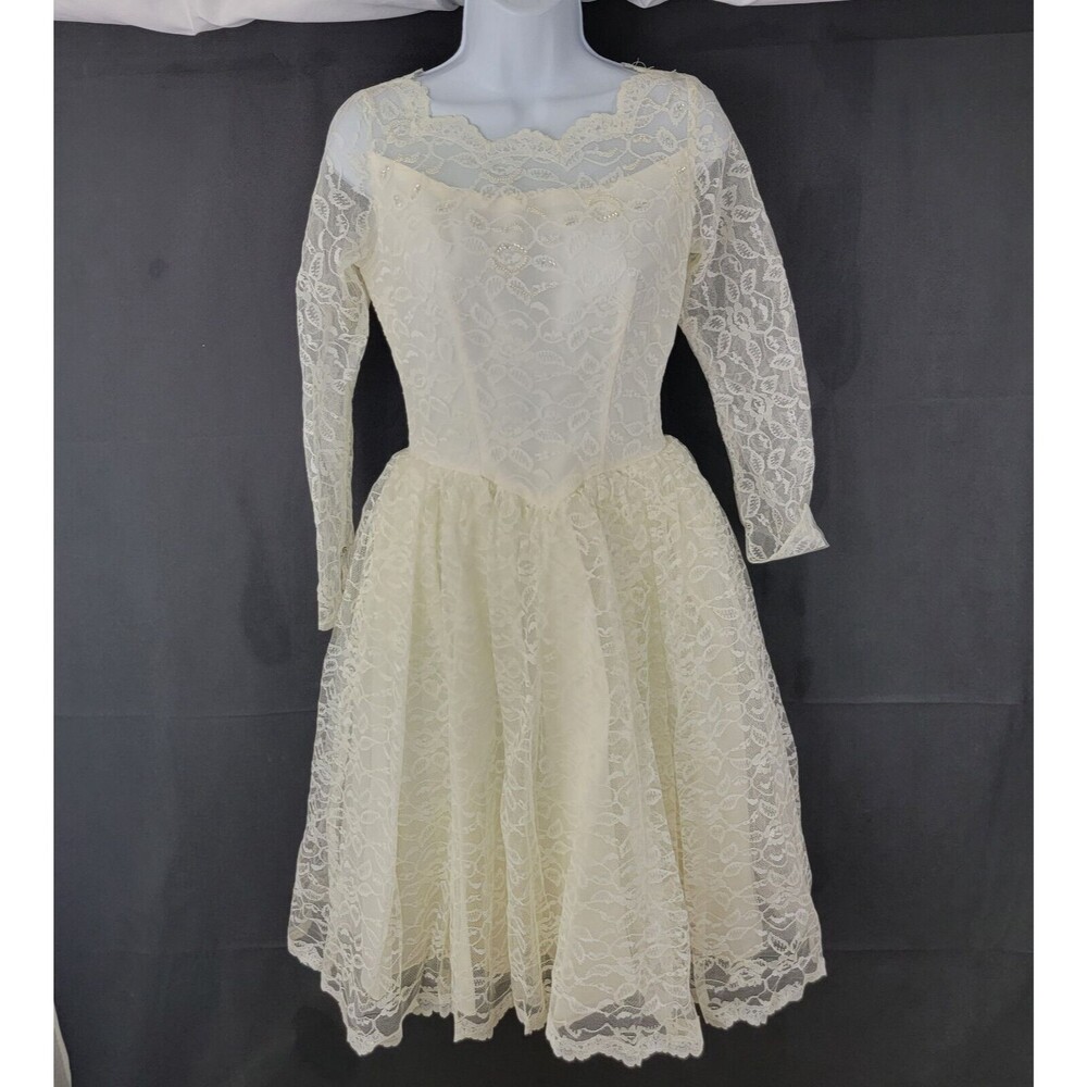 CAROL BRENT Womens Dress Sz SMALL? Lace IVORY Wedding Cocktail Bow VTG 60s